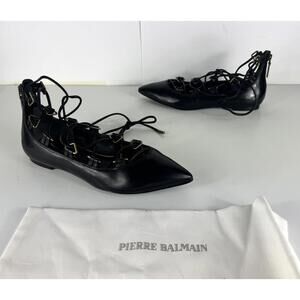 NEW! Pierre Balmain Women's Black Leather Lace Up Alsina Women's Flat EU 37 US 7